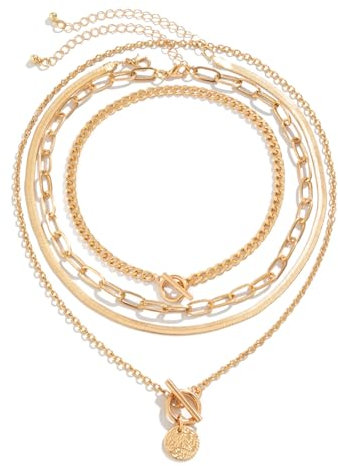 CYWQ 4pcs Layered Gold Necklaces Stack for Women,Chunky Gold Necklace Herringbone Paperclip Chain Necklace Retro Coin Medallion Pendant Jewelry Gifts