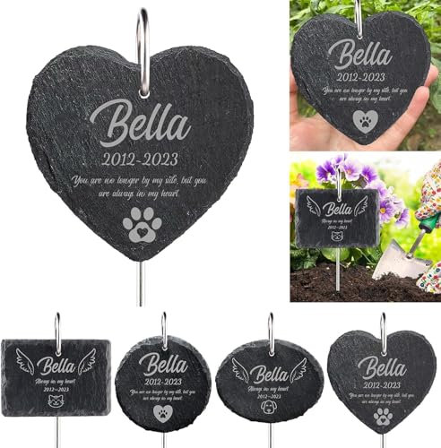 papasgix Personalisiert Tiergrabstein Grabstein Hund Katze Herzform Grabplatte Grabstecker mit Gravur, Individuelles Grabschmuck Wetterfest Herz Grab Gedenkstein mit Namen Datum