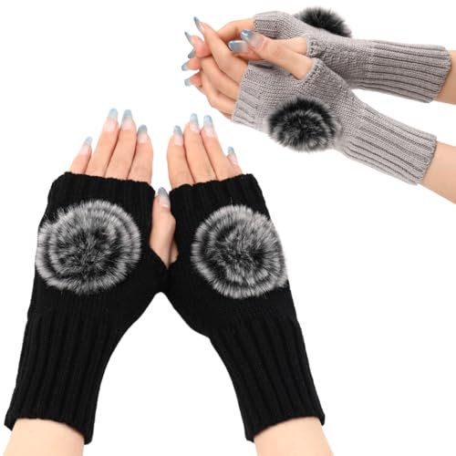 Fabchik 2 Paar Handstulpen Damen, Fingerlose Handschuhe Weiche Strick Pulswärmer Armstulpen mit Kunstfell Bommel für Alltag, Büro, Outdoor (Schwarz*Grau)