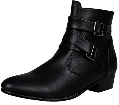 ANUFER Uomo Bello A Punta Stivaletti Tacco Occidentale Cerniera Laterale Cuoio Stivaletti Eleganti Nero SN079209 EU44