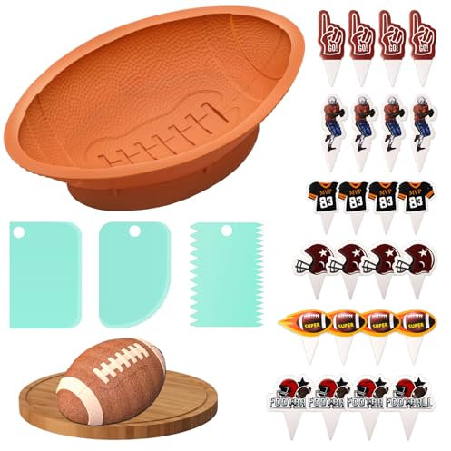 COITEK Football Cake Pan, 12 Inch 3D Football Shaped Nonstick Silicone Cake Mold With 3PCS Baking Scraper, 24 PCS Football Cake Decoration kits(28PCS)