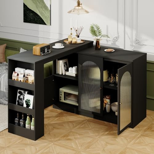 PUGSDRLY Table de Bar Extensible avec Espace de Rangement,Table Bar Cuisine Pivotant à 360°,Meuble de Rangement Multifonctionnel avec Porte en Verre,Buffet Salle a Manger (Noir)
