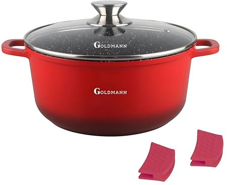 GOLDMANN 24cm Antihaft-Kochtopf (4,5L) – Stilvolles Modern-Rot – Marmorierte Keramikbeschichtung, Glasdeckel, Soft-Touch-Silikongriff, Für Alle Herdarten, Umweltfreundlich