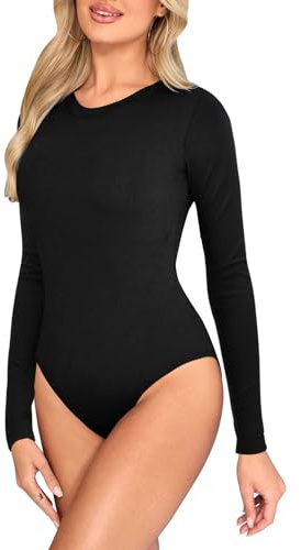 Kefiyis Bodysuit Long Sleeve Bodysuits for Women UK Crew Neck Body Suits Thong Body Suit with Snap Stretch Leotard Tops for Going Out Casual Black M