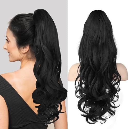 Pferdeschwanz Extension mit Klammer, Lange Wellige Lockige Haarextension 60cm, Synthetisches Haarteil mit Claw Clip, Zopf Haarverlängerung für Damen, Ponytail Verlängerung (Schwarz)
