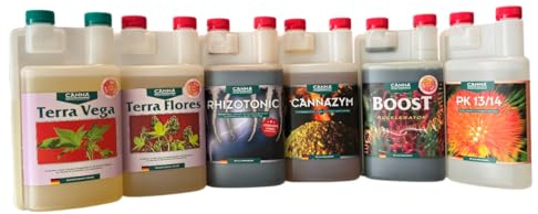 Canna Terra Dünger-Komplettset – Vega, Flores, Rhizotonic, Cannazym, Boost, PK 13/14 - je 1L - Komplettdünger für Erde, Wachstum & Blüte - Indoor & Outdoor Grow - Profi Nährstoffpaket
