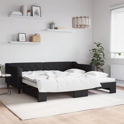 Ausziehbares Tagesbett Schwarz 100x200 cm Stoff 2-in-1 Sofa und Bett | 2-in-1 Sofa und Bett, ausziehbar, Stoffbezug, Holz- und Metallrahmen, Lattenrost