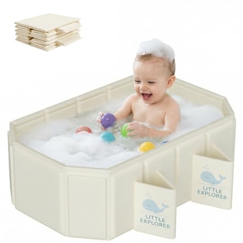 Babywanne Faltbar für Babys & Kleinkinder von 0–6 Jahren, Faltbare Babybadewanne für Dusche, Kinderbadewanne mit 4 Stabilen Standfüßen, Doppelter Ablauf, Platzsparend & Tragbar (Weiß)