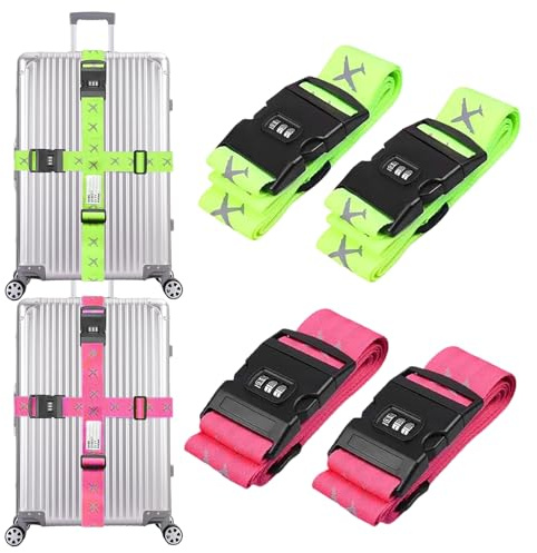 Gykutix 4 Pièces Sangle Valise Voyage avec Code, Sangles pour Bagages Réglables Ceinture Valise, Ensemble de Sangle de Bagage Croisées avec Etiquette pour Valise Bagage Sac de Voyage, Vert + Rose