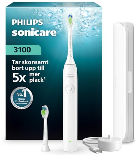 Philips Sonicare Series 3100 Elektrische Zahnbürste – Schallzahnbürste mit Drucksensor, drei Intensitätsstufen, EasyStart, SmarTimer, 14 Tage Laufzeit, Reiseetui, Weiß, HX4034/21, [Neu]