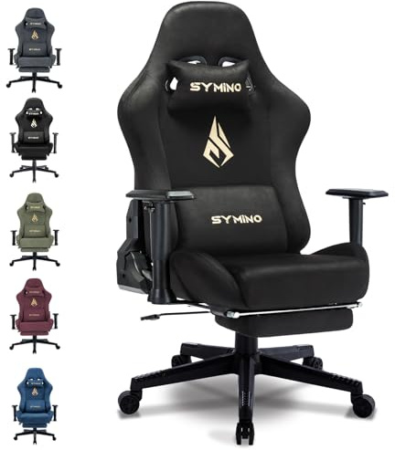 Symino Gaming Stuhl, Atmungsaktiver Bürostuhl aus Wildlederimitat Stoff | So Weich Wie Pelz, Ergonomischer PC-Stuhl, Verstellbarer und Drehbarer Schreibtischstuhl mit Fußstütze, Schwarz
