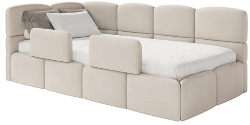 Selsey Jugendbett 120x200cm Creme Chenille Stoff mit Matratze und Lattenrost, Polsterbett mit Stauraum und Bettkasten, Kinderbett mit 2 Schutzbarrieren, Jugendbett linksseitig