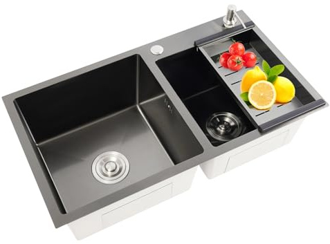 Fregadero doble gris negro 78 x 43 x 22 cm, acero inoxidable 304 con dispensador de jabón, 2 cuencos, fregadero empotrable para montaje en encimera/encimera, juego de lavabo para cocina, hogar