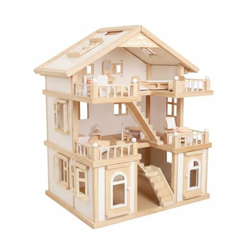 Wmqbjta Puppenhaus Holz Puppenstube Spielhaus Kinderhaus Holzmaterial Detailreiche Öffnungen Und Balkone für Immersive Szenen Und Rollenspiel für Zuhause Familienalltag Geschenk, White