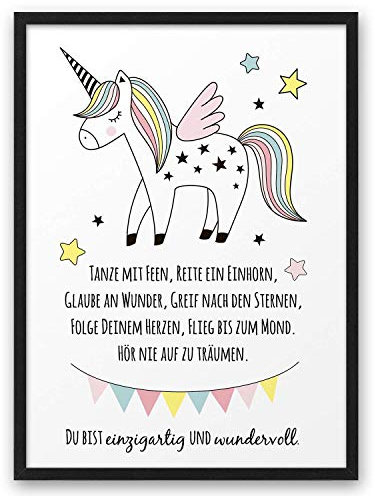 EINHORN TANZE MIT FEEN | ABOUKI Kunstdruck | Bilder Kinderzimmer Deko Poster Kinderzimmer Bilder Jungen Mädchen Wandbilder Babyzimmer Kinder Kinderbilder Tierbilder | Optional Personalisiert