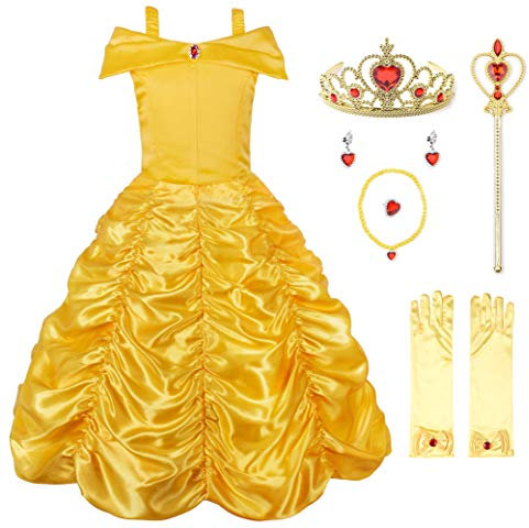 JerrisApparel Mädchen Belle Kostüm Prinzessin Kleid Schulterfrei Karneval Kostüm (Etikett 140, Gelb mit Zubehör)
