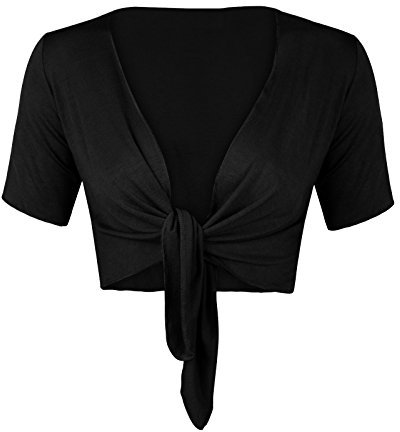 Womens Ladies Cap Short Sleeve Shrug Tie Up Front Crop Bolero Cardigan 8-22 20-22 Black