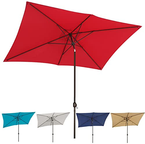 Blissun Parasol rectangulaire de 3 m pour table de marché d'extérieur avec bouton-poussoir d'inclinaison et manivelle (rouge)