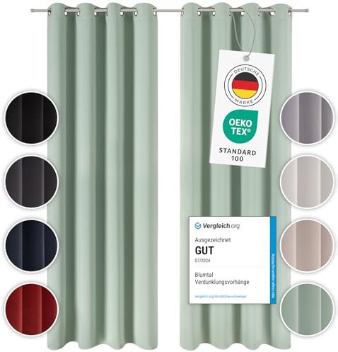 Blumtal Verdunklungsvorhänge 2er Set - Thermovorhang Hitzeschutz - Vorhang Blickdicht mit Ösen - Gardinenschals mit Schlaufen - Lärmschutzvorhang - Gardinen 225x140 cm - Wohnzimmer Gardinen - Grün