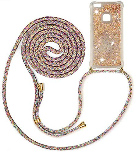 Handykette kompatibel mit für Huawei P10 Lite Hülle,Glitzer Hülle Flüssig Bewegende Treibsand Transparent Handyhülle - Silikonhülle, Hülle mit Band, Stylische Kette mit Hülle für Huawei P10 Lite