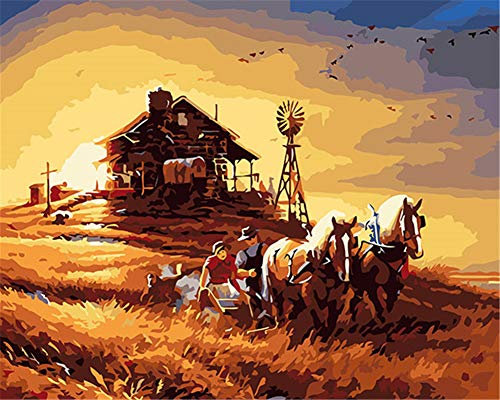 Awesocrafts Malen nach Zahlen-Kit, Sonnenuntergang Bauernhaus-Liebhaber, Windmühle, Zahlengemälde für Erwachsene und Kinder, 40,6 x 50,8 cm, (Herbsternte, kein Rahmen)