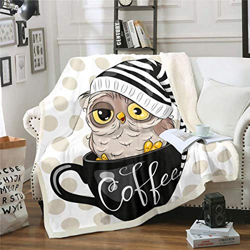 Homewish Eule Sherpa Decke Werfen 150X200- Eule Bedruckte Weiche Plüsch Decke Für Bett/Couch/Sofa/Büro/Camping/Stuhl/Wohnzimmer, Süße Kaffeetasse Tiermuster Fuzzy Fleece Decke Für Kinder Mädchen