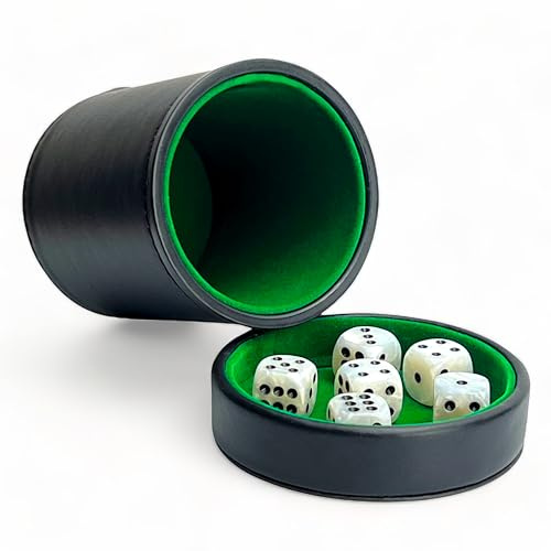 Luck Lab Würfelbecher aus schwarzem Leder mit Deckel inkl. 6 passenden Perlenwürfeln - Innen grün Samt zum ruhigen Schütteln - Verwendung für Lügner Würfel Farkle Yahtzee Brettspiele schwarz