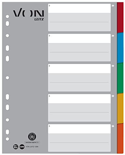 VON Leitz 10er Pack 5-teiliges Register A4, Blanko Trennblätter für Ordner, Extra breit, 100 % Recycling-Karton, 11-Loch-Universalregister, Mehrfarbig, 12890000