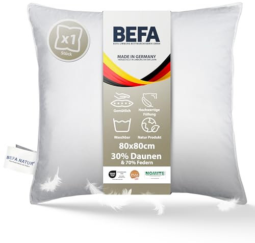 BEFA NATUR Made in Germany Feder/Daunenkissen 80x80 cm aus 30% Daunen und 70% Federn, Allergiker geeignet (Nomite), Öko-Text 100 Klasse 1 Zertifiziert, Downpass