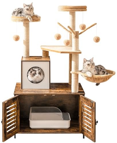 HOOBRO Árbol para Gatos con Cajón de Arena, Mueble de una Pieza para Gatos de Interior, Mueble con Cajón de Arena Oculto, Mordedor Desmontable con Borlas, Marrón Vintage EBF14MZ03