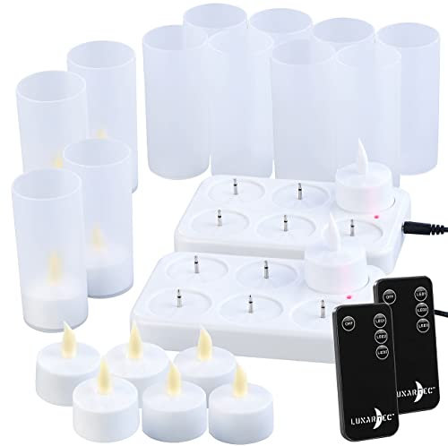 Lunartec Teelichter zum Aufladen: 12er-Set Akku-LED-Teelichter mit Ladestation, Fernbedienung, 15 Std. (LED zum Aufladen, bewegliche Flamme, wiederaufladbar)
