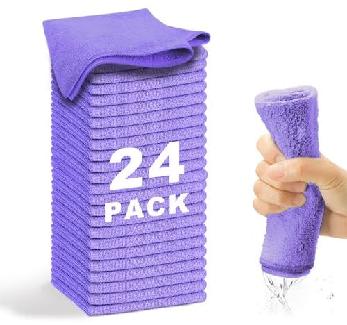WEAWE 24 Paños de Bayeta Microfibra, Suaves, Absorbentes, Reutilizables Multiusos Limpieza Cocina, Coche, Cristales, Balletas Microfibra (Morado)