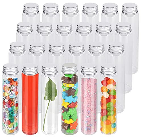 STARVAST Lot de 24 Tube a Essai Plastique 110 ML, Bouteille Sensorielle Bebe Eprouvette Plastique Transparent avec Bouchon à Vis pour Les Bonbons, Les Fêtes, Les Liquides, Les Sels