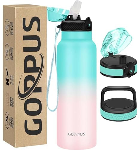 GOPPUS 750ml/26oz Stainless Water Bottle with Straw Double Wall Insulated Bottles with Strap Reusable Vacuum Thermal Flask Leakproof Keep Cold Drinks Bottles with Flip Top Lid for Men Women BPA Free