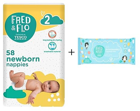 Fred & Flo Size 2 Newborn Nappies 58 Pack + 60 Fragrance Free Baby Wipes