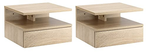 HOMCOM Juego de 2 Mesitas de Noche Flotantes Mesitas de Noche Colgantes con 1 Cajón y Estante Abierto para Dormitorio 35x32x22,5 cm Roble