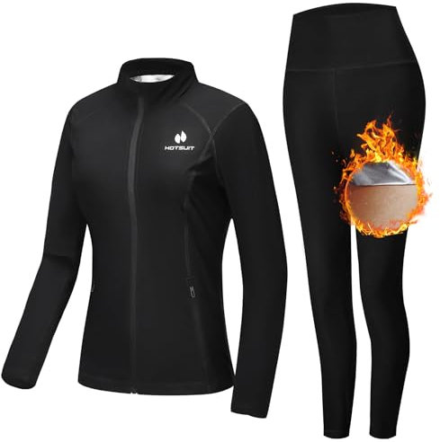 HOTSUT Stretch Tuta da sauna per le donne Perdita di peso Anti Rip Compressione Sweat Suit con cerniera e fori del pollice Sweat Jacket e Sauna legging per le donne Nera S