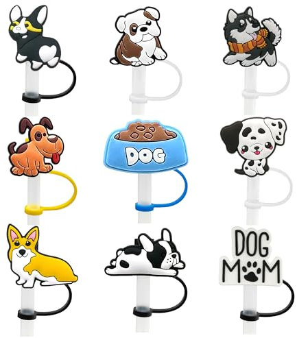 Straw Cover Cap for Stanley Cup, 8mm Silicone Straw Cup Cover Compatible with Stanley 30&40 Oz Tumbler with Handle, 0.4in Dust-Proof Reusable Cup Straw Topper Accessories (9PCS Dog Theme)