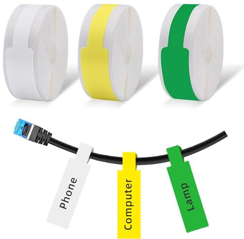 ANBOO Label Cables, 3 Pcs P15 Yellow/White/Green Thermal Stickers, 65 Labels/Roll, Cable Identification