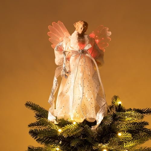 Valery Madelyn 27cm Gefiederter Engel Christbaumschmuck Lichterkette Batteriebetrieben Farbig LED Beleuchtet Christbaumschmuck Lichterkette Engel Bilder Silber Weiß
