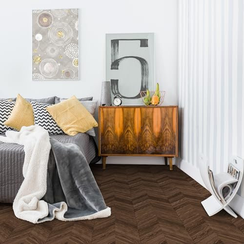 WAVAPAL Papier contact plat imitation bois Cheveron marron foncé à peler et coller pour sol, panneaux muraux en bois pour salon, chambre à coucher, cuisine 40 x 200 cm