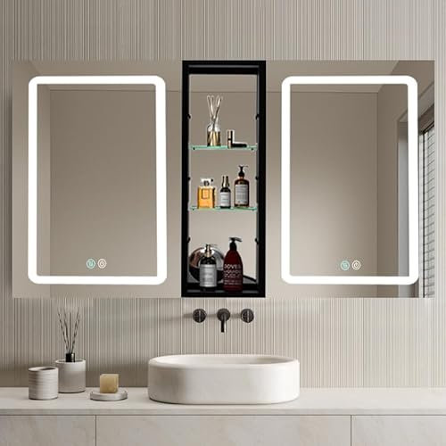Generisch Badezimmerschrank,50x30 Zoll LED-Badezimmer-Medizinschrank, Oberflächenmontage, Doppeltür, beleuchteter Medizinschrank, für Badezimmer mit Spiegel-Beschlagschutz, Dimmer, Schwarz