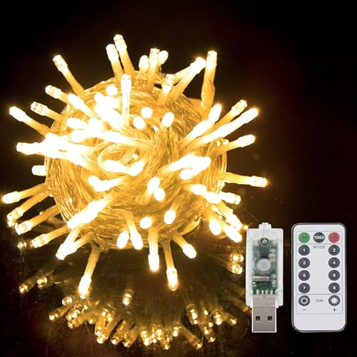 YUCHOI USB Powered Christmas String Lights, LED Fairy Lights On Clear Cable with Remote Control, for Indoor/Outdoor Xmas Tree Deco Party (Warm White, 100LEDs)