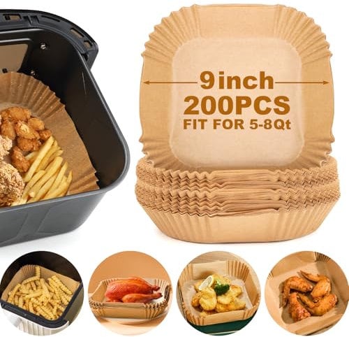 Air Fryer Paper Liners, 200pcs Air Fryer Liners Disposable, 8 Square Baking Liner for 5-8 qt Airfryer Basket, Non-stick and Oil Proof Parchment Paper for Oven, Pans & Baking