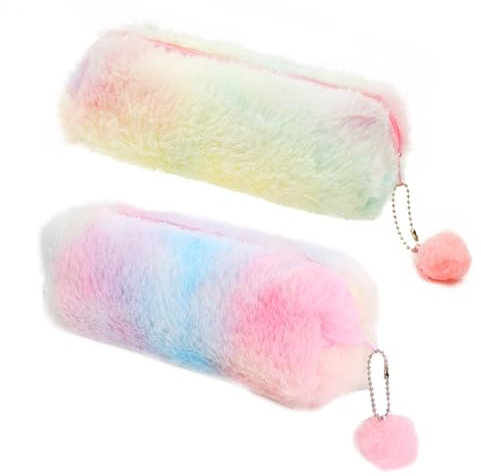 2 Pièces Trousses à Crayons en Peluche Couleur Arc-en-Ciel Trousse Scolaire en Peluche avec Pompon Étui à Crayons Mignon et Souple Poche Zippée en Peluche pour Étudiantes Enfants Adolescentes Filles