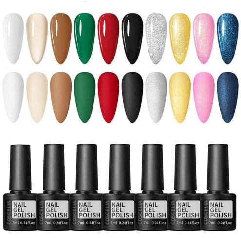 COSCELIA Juego de Esmaltes de Uñas de Gel,10 Colores 7 ML Esmaltes Semipermanentes para Uñas, Blanco Marrón Verde Rojo Negro Plateado Azul Rosa