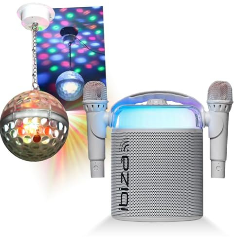 Ibiza Sound – Pack Karaoke Altavoz portátil Bluetooth inalámbrico KARAHOME-WH 120 W USB SD 2 micrófonos – Bola Disco LED RGB Astro-BALL8 Niño