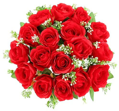 CUQRY Friedhofsblumen für Grab 18 Seide Künstliche Blumen für Friedhof Rote Gedenkrosen Blumen für Grabsteine Grabvase Beerdigung Dekorationen
