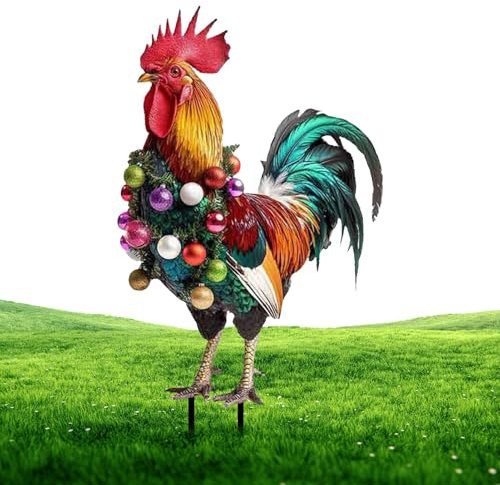 Metall-Hahn, Outdoor-Dekoration, bunter Garten-Hahn, Eisen-Tierschild, dekorativer Metallhahn mit Holzpfahl, bunte Kugeln, Design für Garten, Hof und Hof