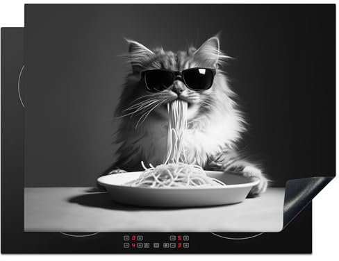 KitchenYeah© Herdabdeckplatte 70x52 cm Einteilig Herdabdeckung Abdeckplatte für Ceranfeld Abdeckung Induktionskochfeld Aufrollbare Matte Langhaarkatze - Sonnenbrille - Spaghetti - Humor